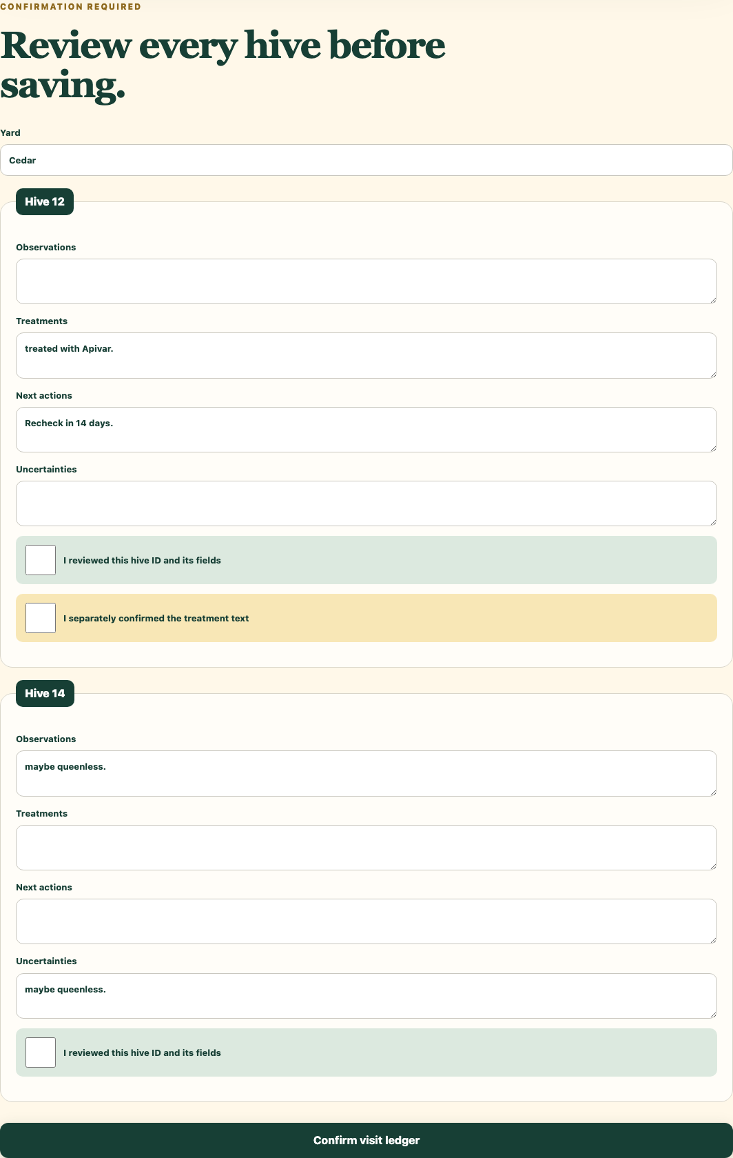 Apiary Close confirmation screen showing separate fields and review checks for hives 12 and 14